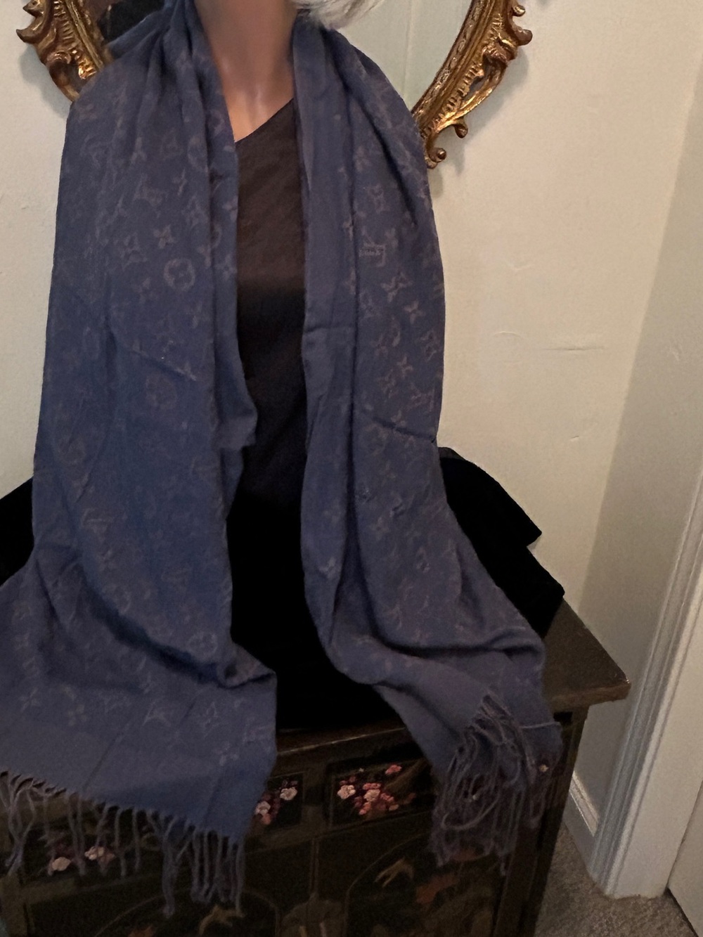 Luxury LV Navy Jacquard Fringe Wrap Scarf